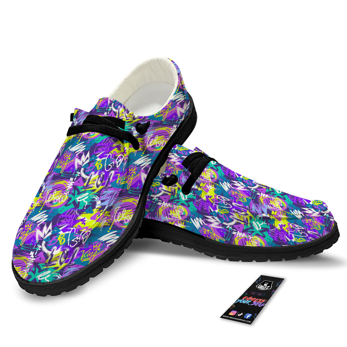 Abstract Purple Graffiti Print Pattern Black Loafers-grizzshop