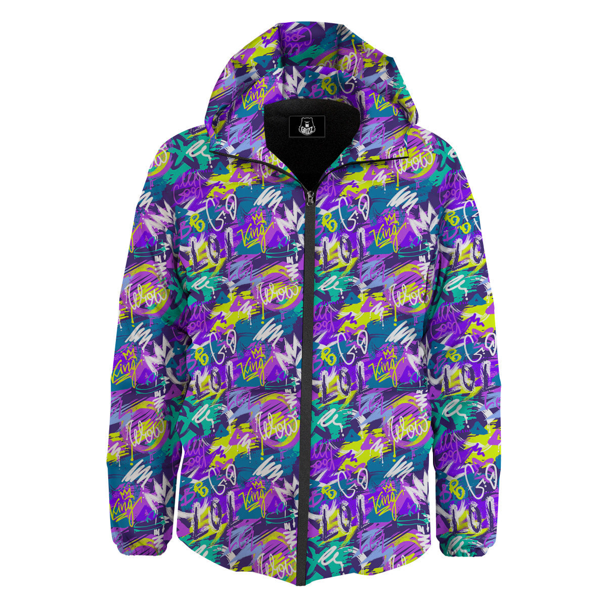 Abstract Purple Graffiti Print Pattern Down Jacket-grizzshop