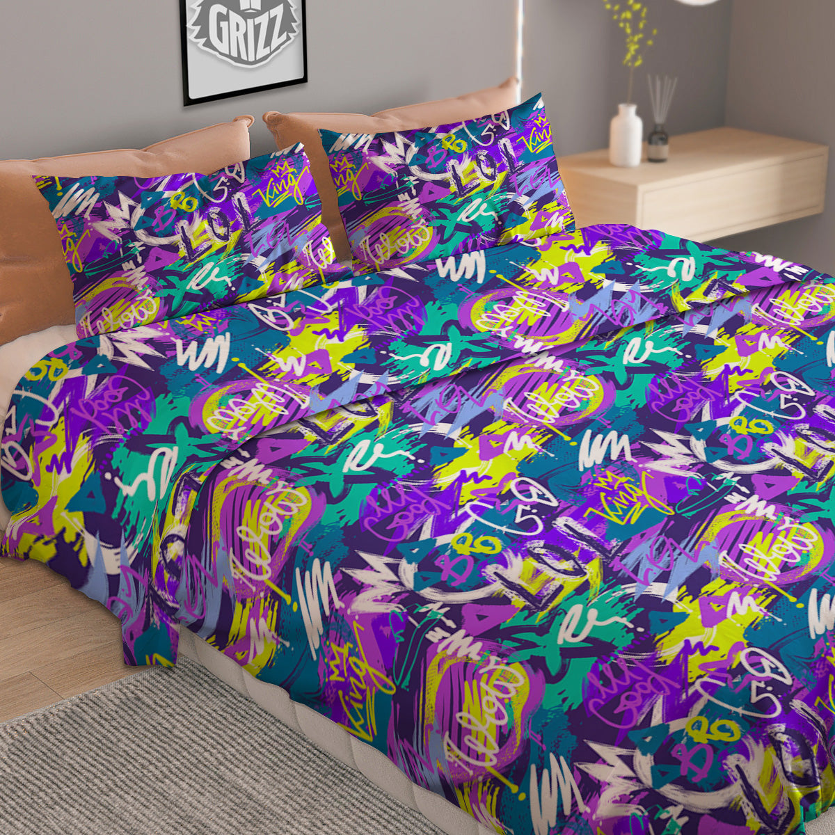 Abstract Purple Graffiti Print Pattern Duvet Cover Bedding Set