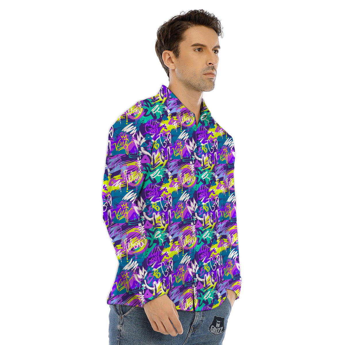 Abstract Purple Graffiti Print Pattern Men's Dress Shirts-grizzshop