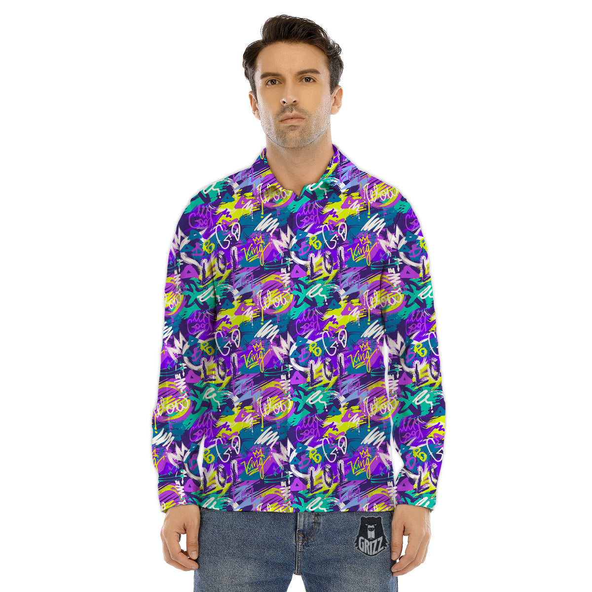 Abstract Purple Graffiti Print Pattern Men's Dress Shirts-grizzshop