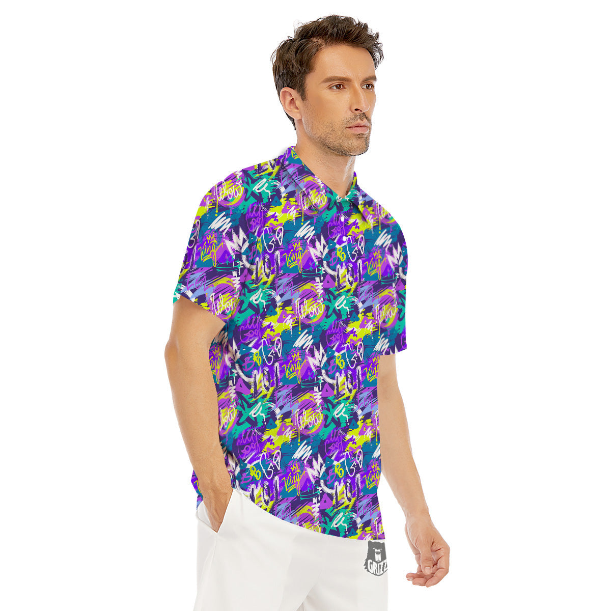 Abstract Purple Graffiti Print Pattern Men's Golf Shirts-grizzshop