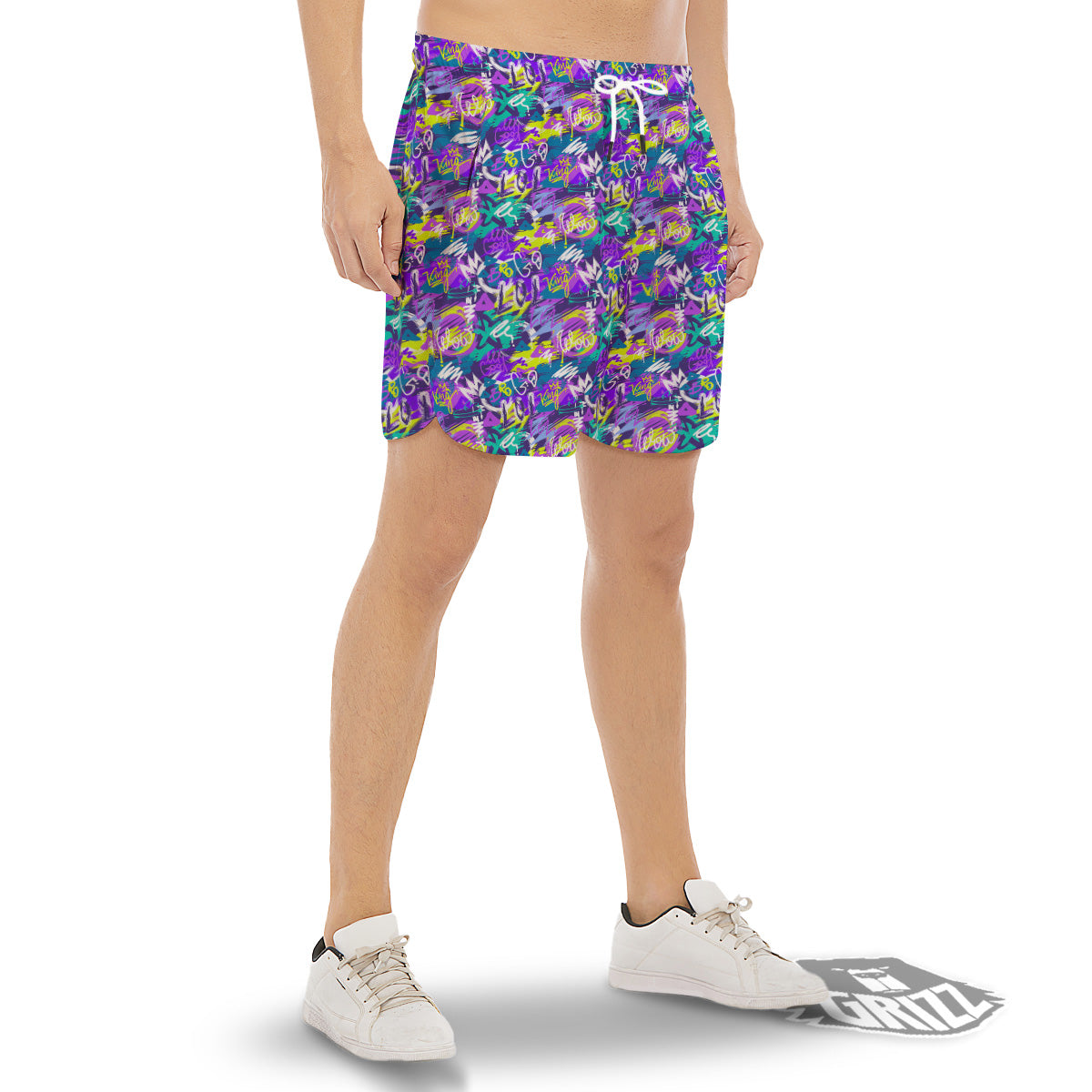 Abstract Purple Graffiti Print Pattern Men's Gym Shorts-grizzshop