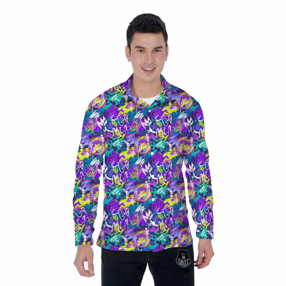 Abstract Purple Graffiti Print Pattern Men's Long Sleeve Shirts-grizzshop