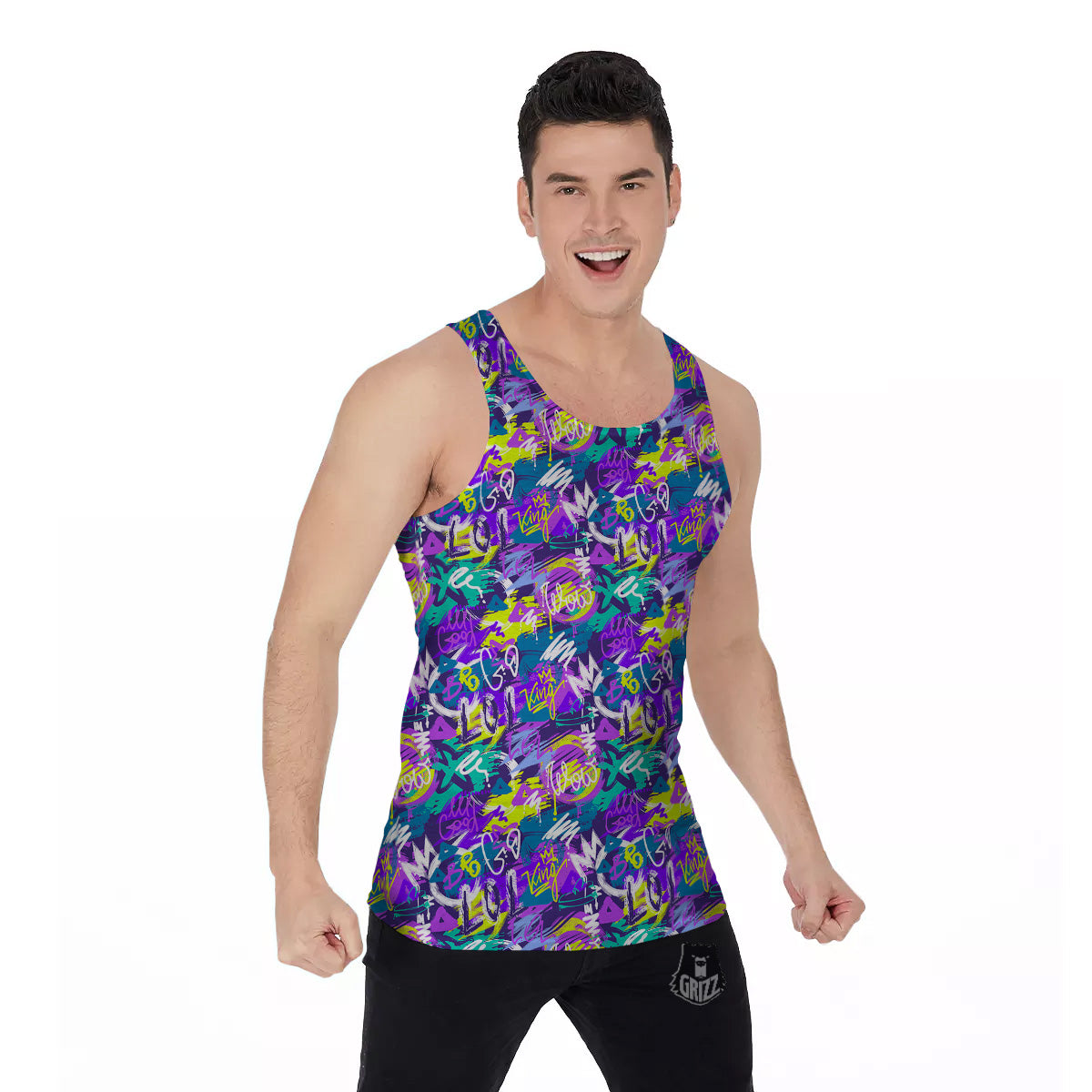 Abstract Purple Graffiti Print Pattern Men's Tank Top-grizzshop