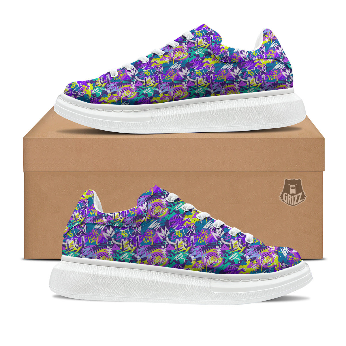 Abstract Purple Graffiti Print Pattern Platform Shoes-grizzshop