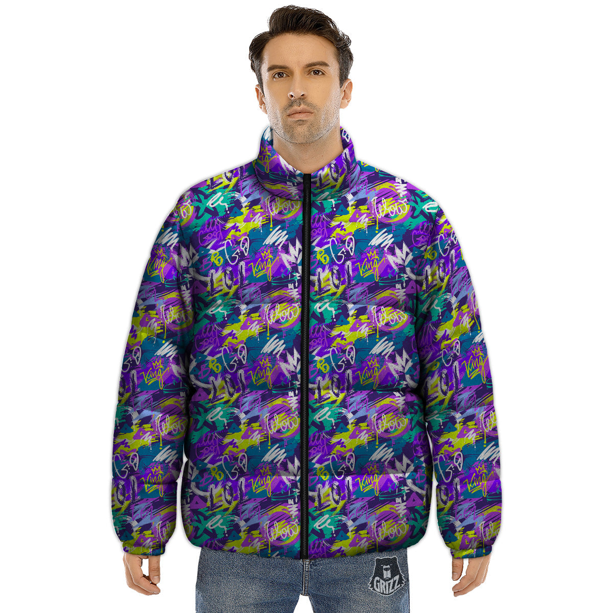 Abstract Purple Graffiti Print Pattern Puffer Jacket-grizzshop