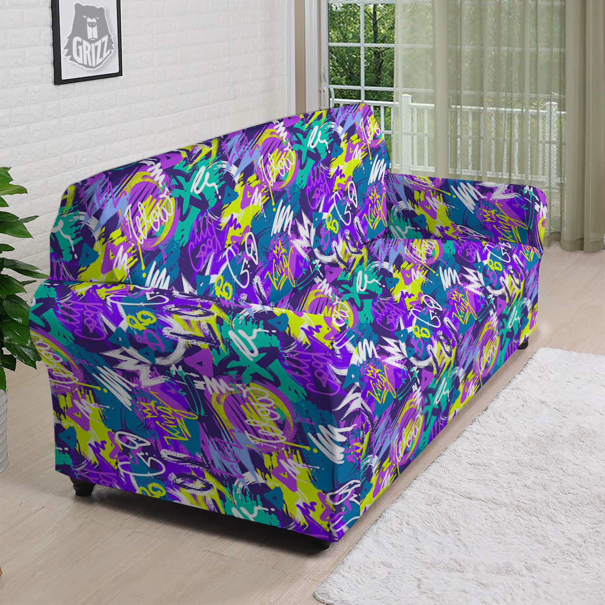 Abstract Purple Graffiti Print Pattern Sofa Cover-grizzshop