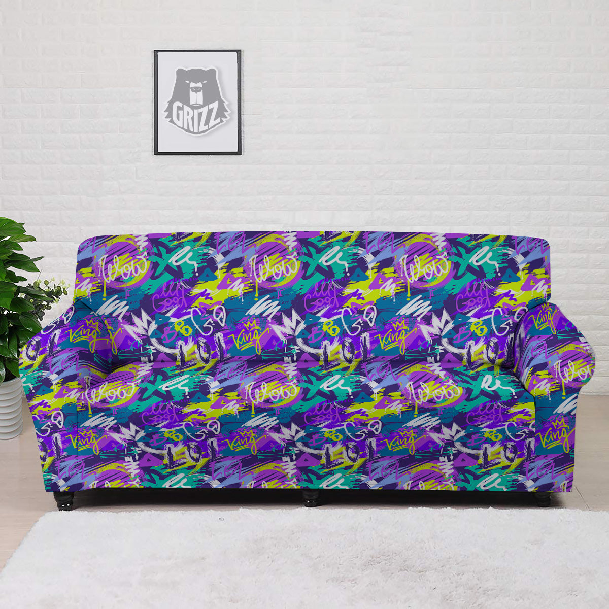 Abstract Purple Graffiti Print Pattern Sofa Cover-grizzshop