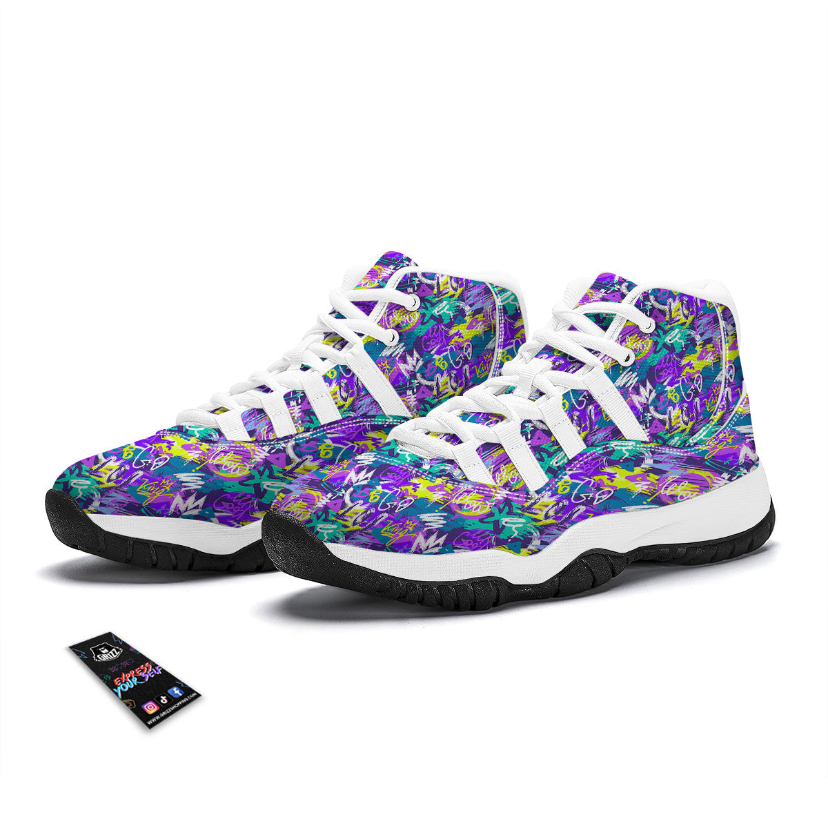 Abstract Purple Graffiti Print Pattern White Bball Shoes-grizzshop