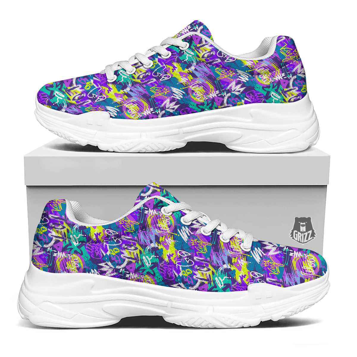 Abstract Purple Graffiti Print Pattern White Chunky Shoes-grizzshop