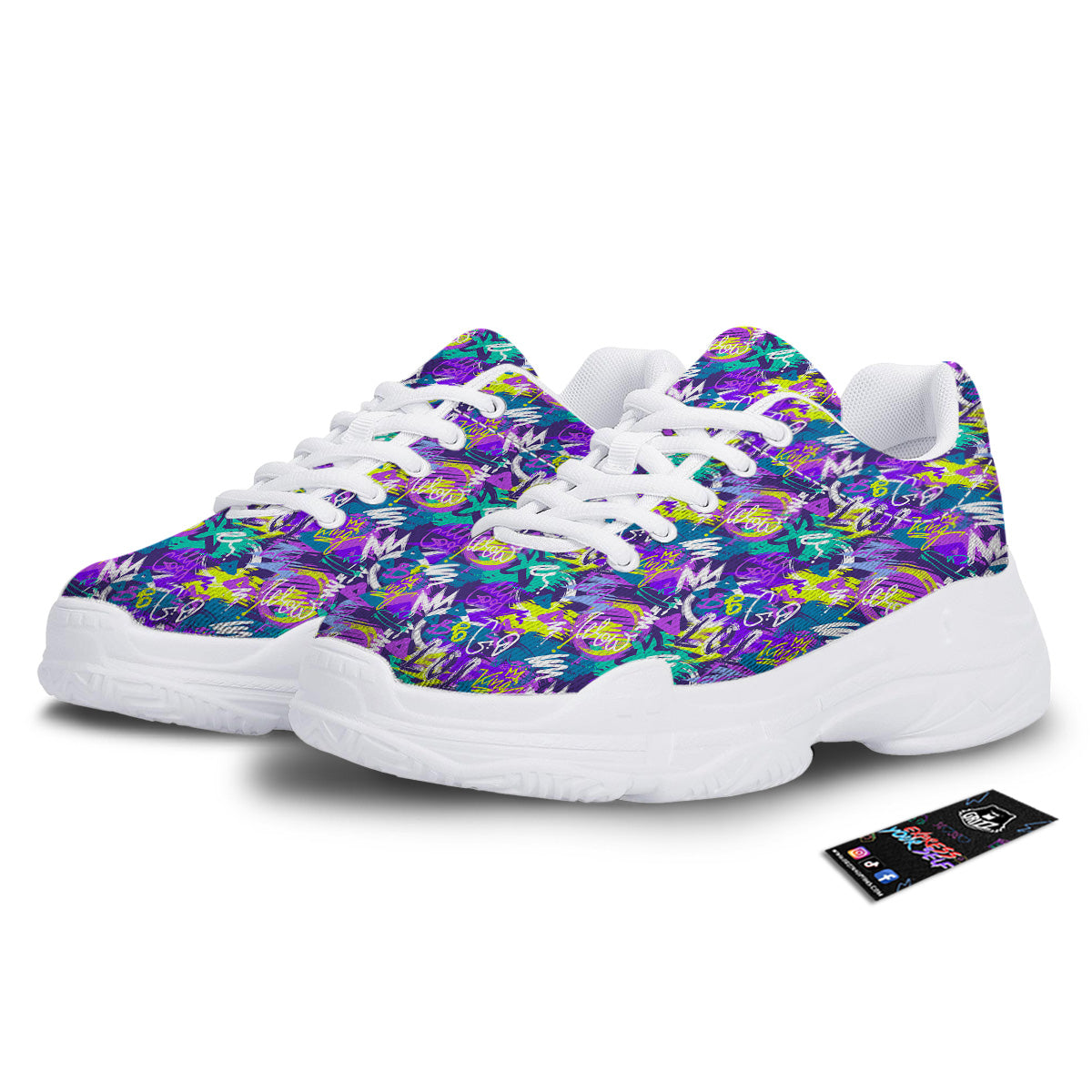 Abstract Purple Graffiti Print Pattern White Chunky Shoes-grizzshop