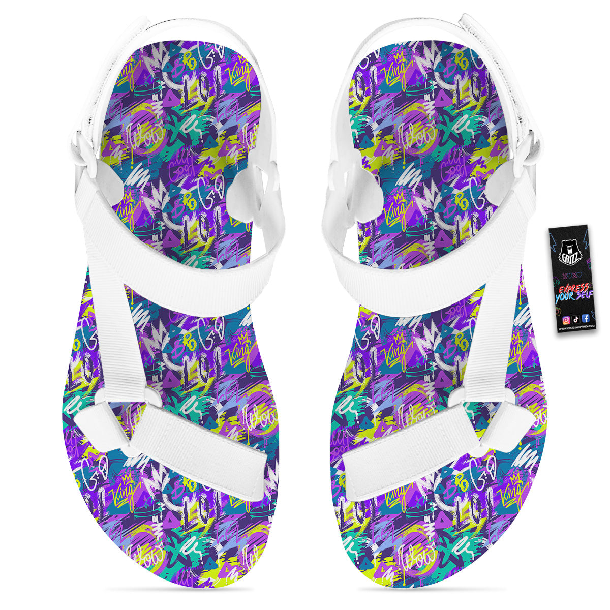 Abstract Purple Graffiti Print Pattern White Open Toe Sandals-grizzshop