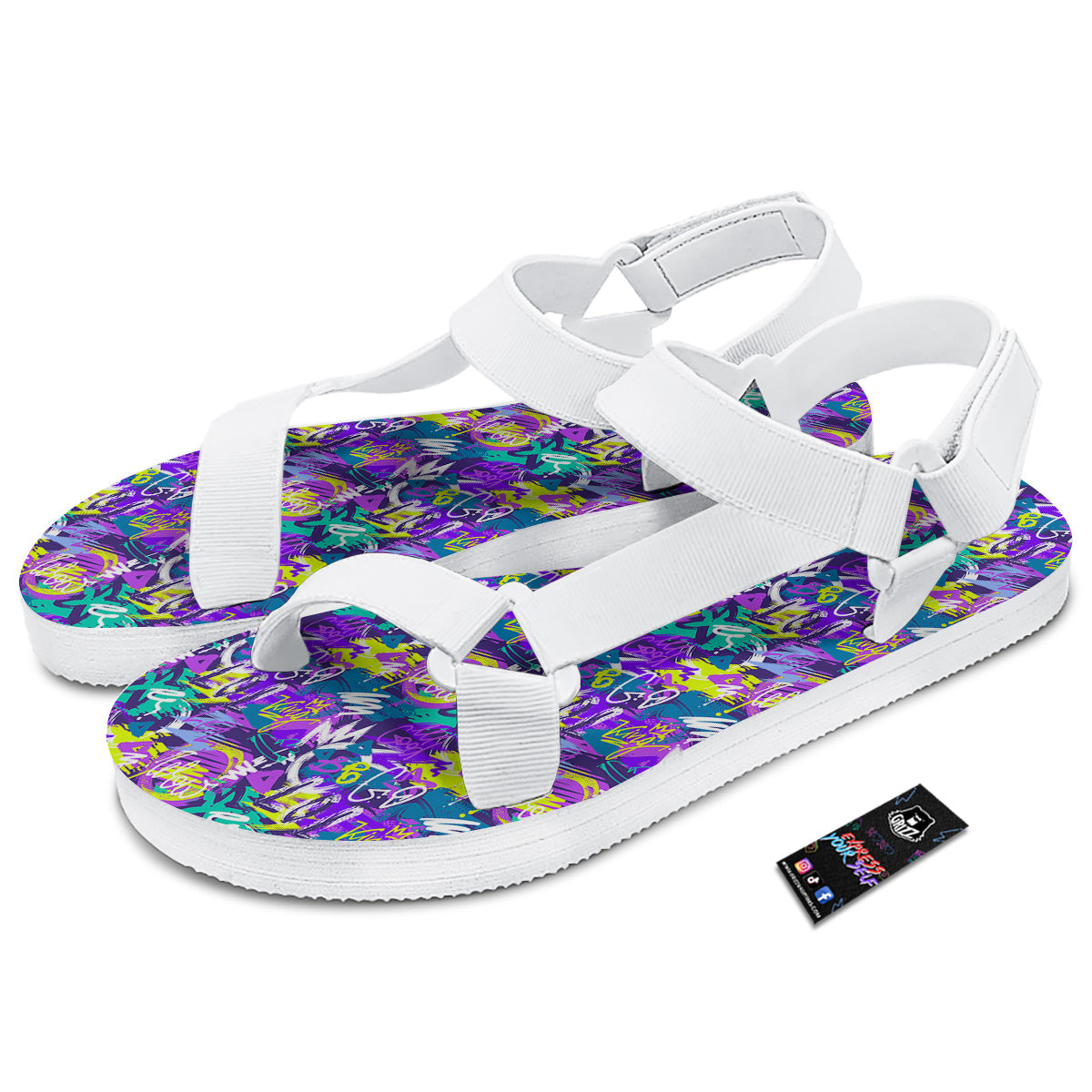 Abstract Purple Graffiti Print Pattern White Open Toe Sandals-grizzshop