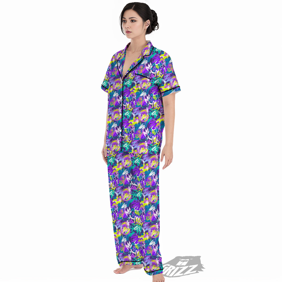 Abstract Purple Graffiti Print Pattern Women's Pajamas Set-grizzshop