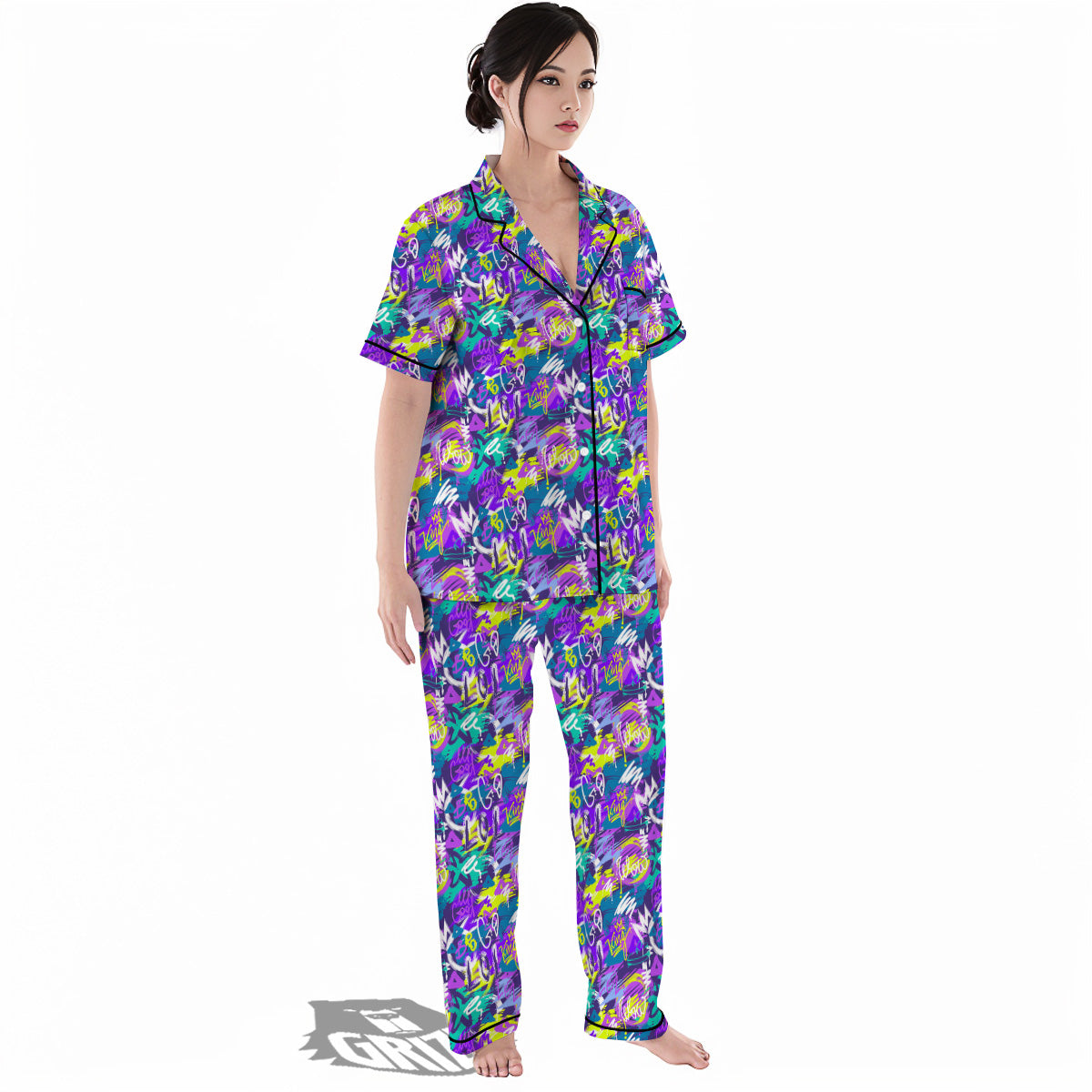 Abstract Purple Graffiti Print Pattern Women's Pajamas Set-grizzshop