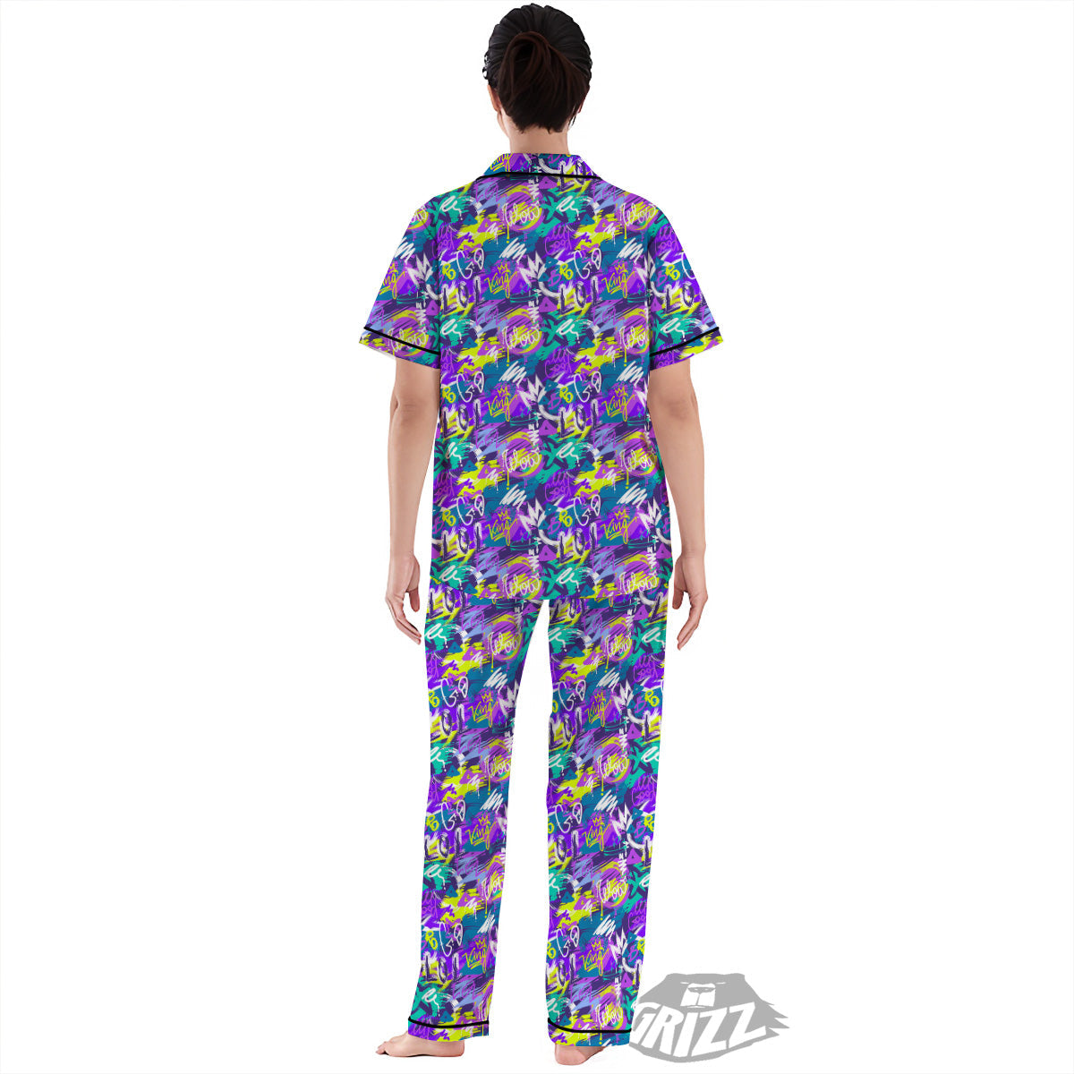 Abstract Purple Graffiti Print Pattern Women's Pajamas Set-grizzshop