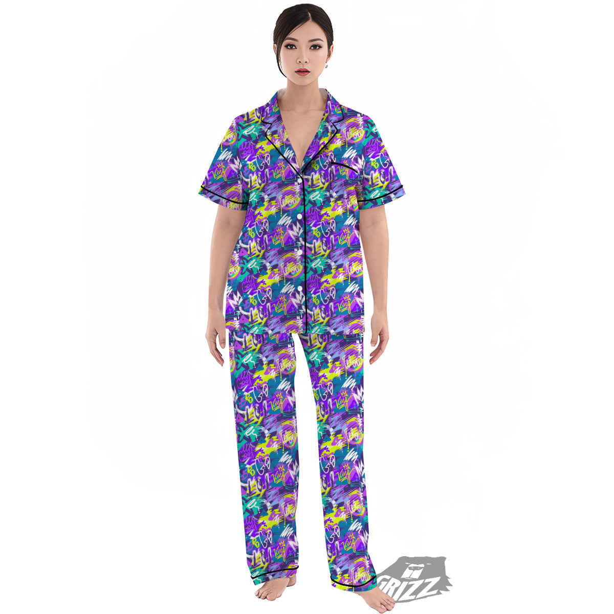 Abstract Purple Graffiti Print Pattern Women's Pajamas Set-grizzshop