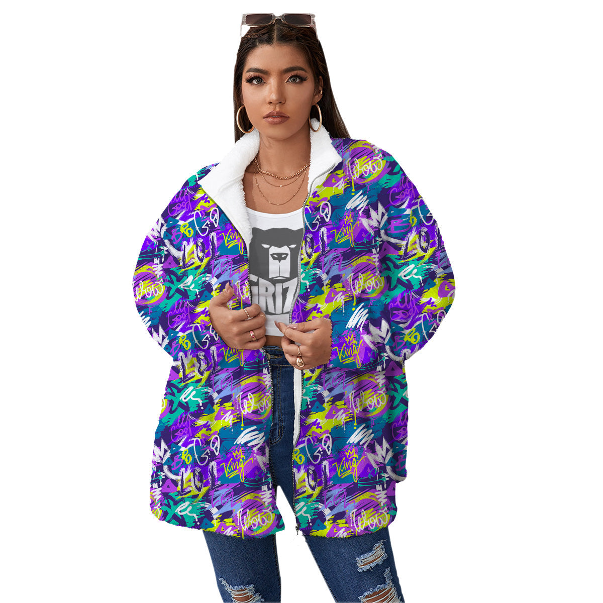 Abstract Purple Graffiti Print Pattern Women's Sherpa Jacket-grizzshop