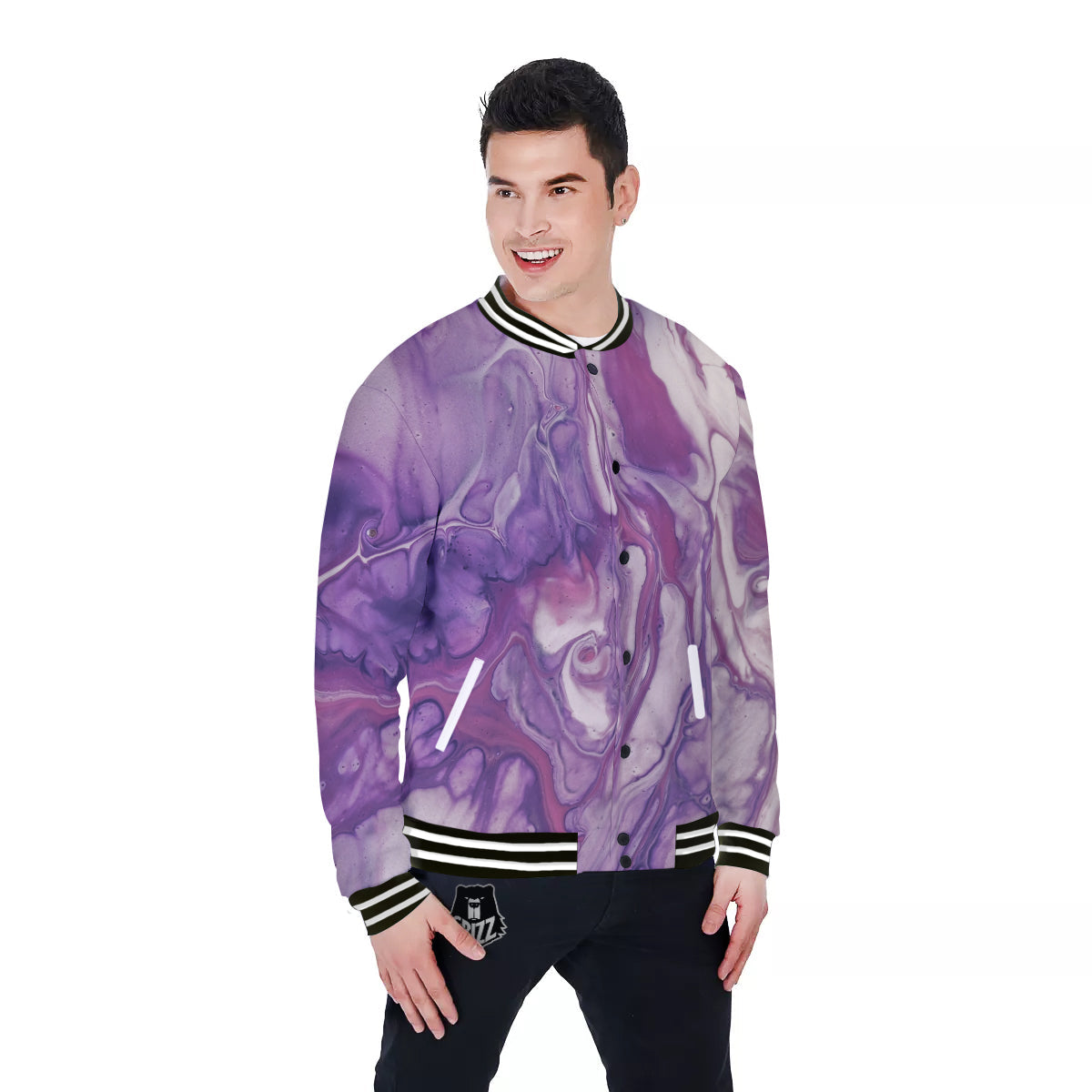 Abstract Purple Liquid Marble Print Baseball Jacket-grizzshop
