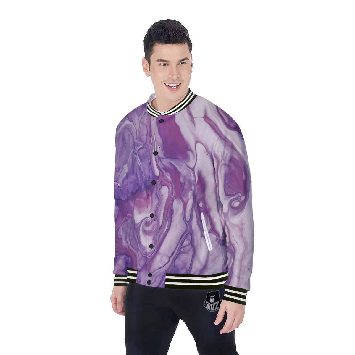 Abstract Purple Liquid Marble Print Baseball Jacket-grizzshop