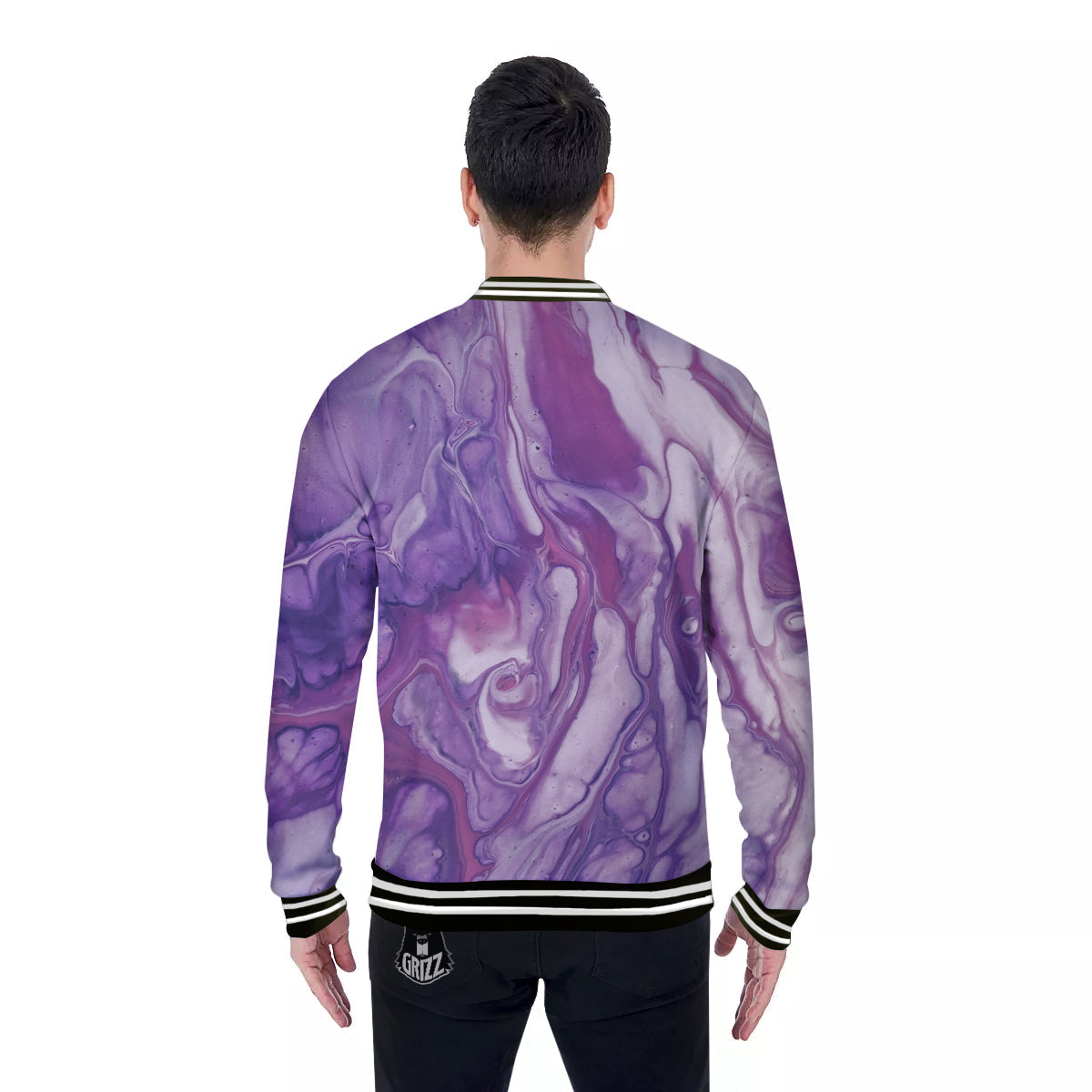 Abstract Purple Liquid Marble Print Baseball Jacket-grizzshop