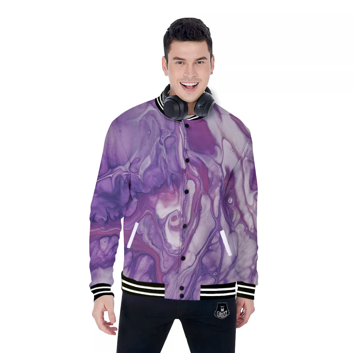 Abstract Purple Liquid Marble Print Baseball Jacket-grizzshop