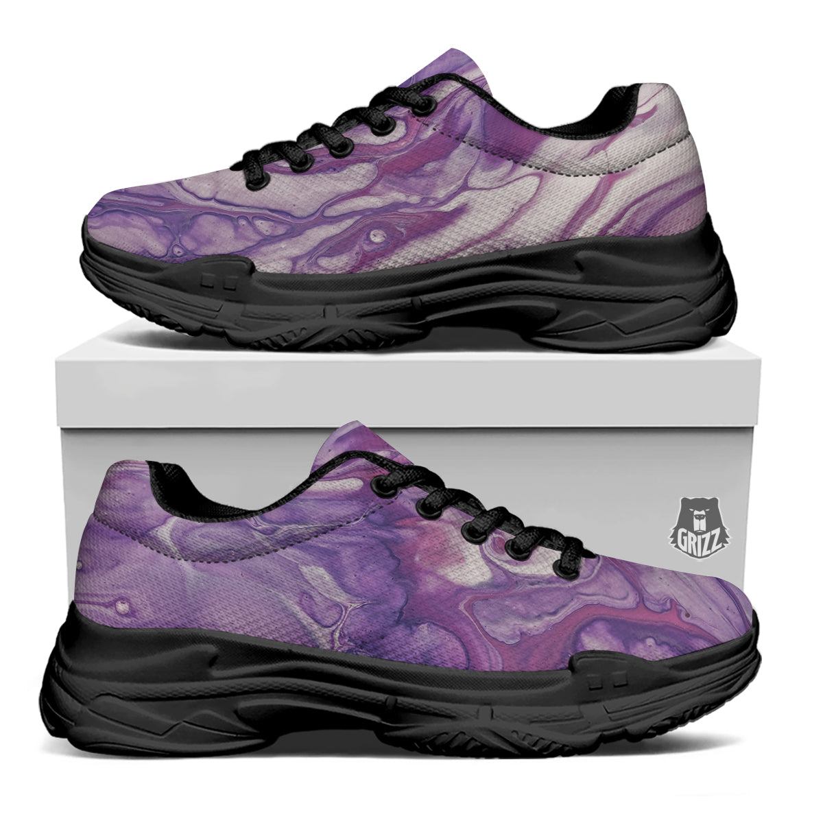 Abstract Purple Liquid Marble Print Black Chunky Shoes-grizzshop