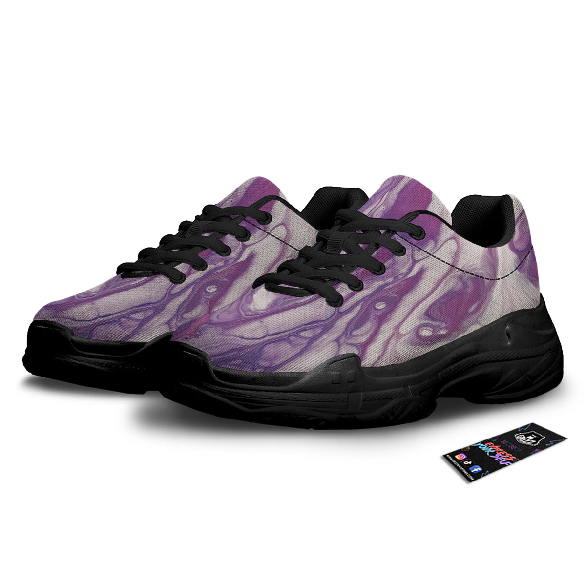 Abstract Purple Liquid Marble Print Black Chunky Shoes-grizzshop