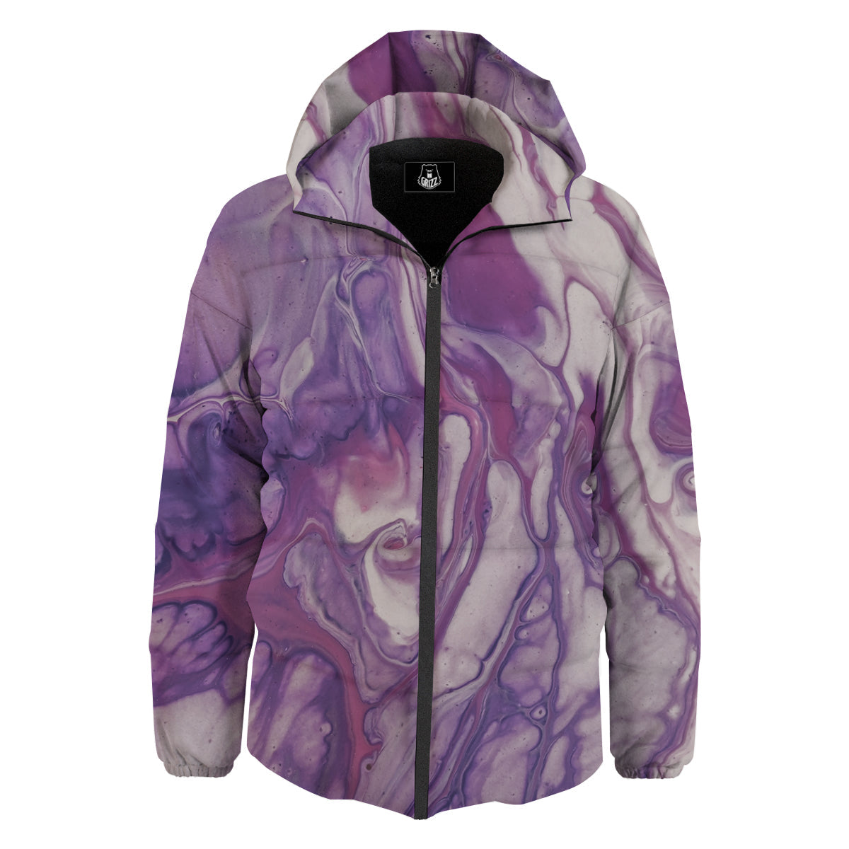 Abstract Purple Liquid Marble Print Down Jacket-grizzshop