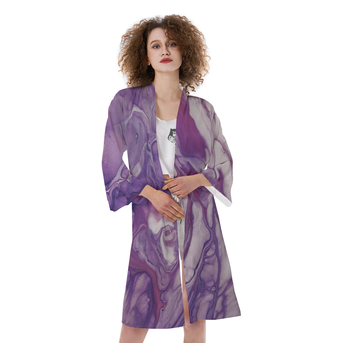 Abstract Purple Liquid Marble Print Kimono-grizzshop