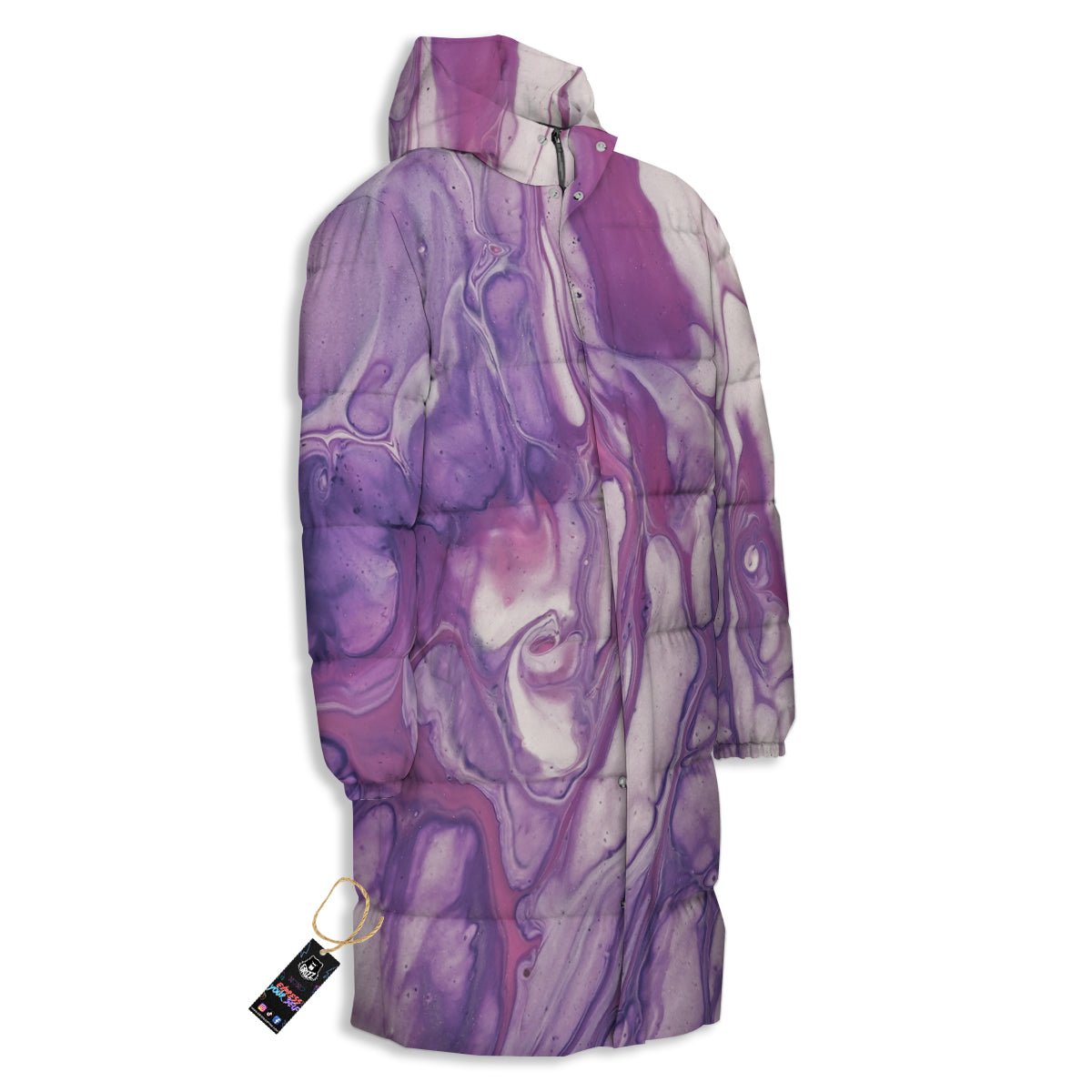 Abstract Purple Liquid Marble Print Long Down Jacket-grizzshop