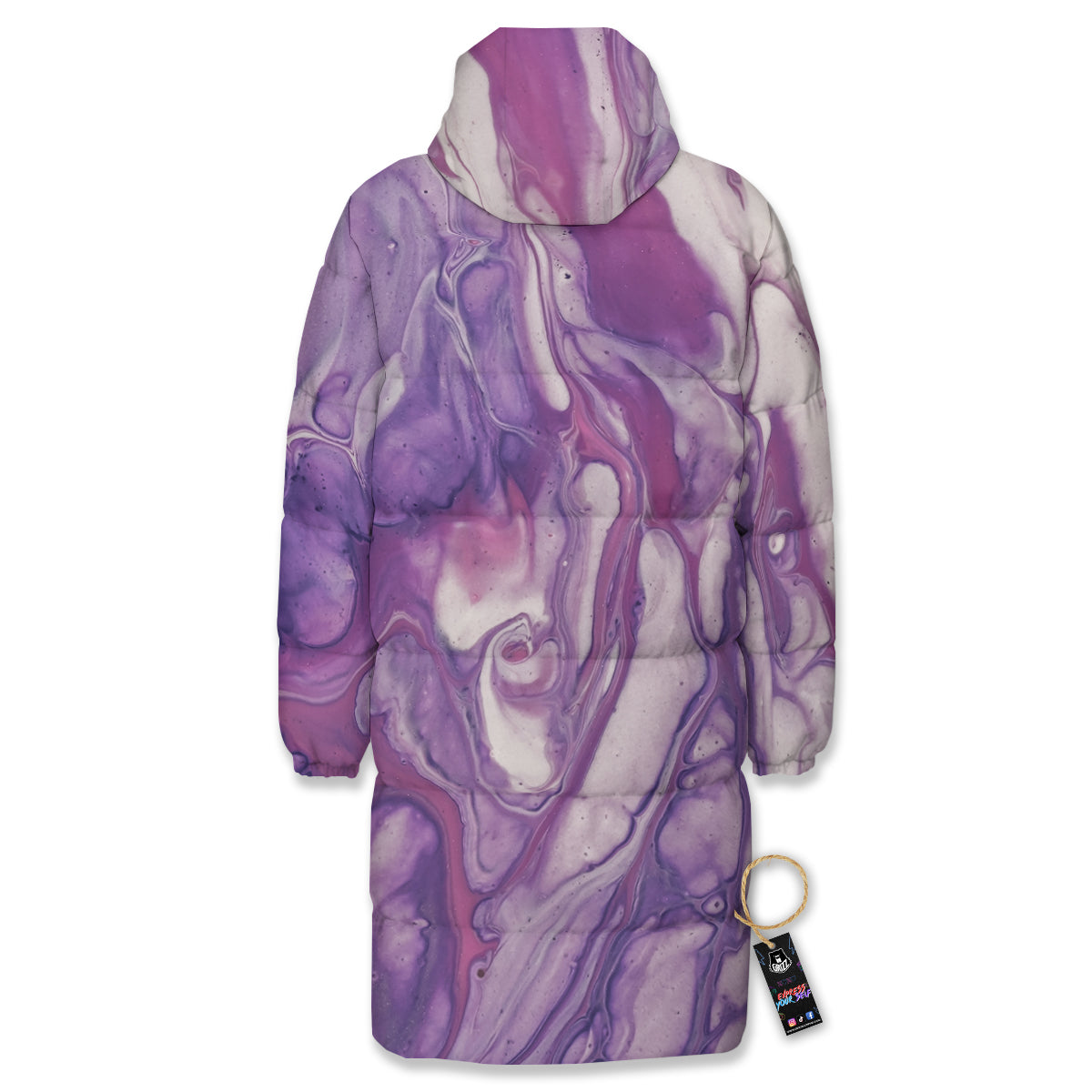 Abstract Purple Liquid Marble Print Long Down Jacket-grizzshop