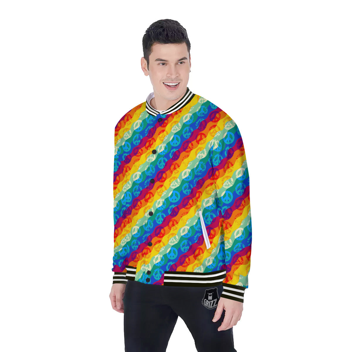 Abstract Rainbow Peace Signs And LGBT Print Pattern Baseball Jacket-grizzshop