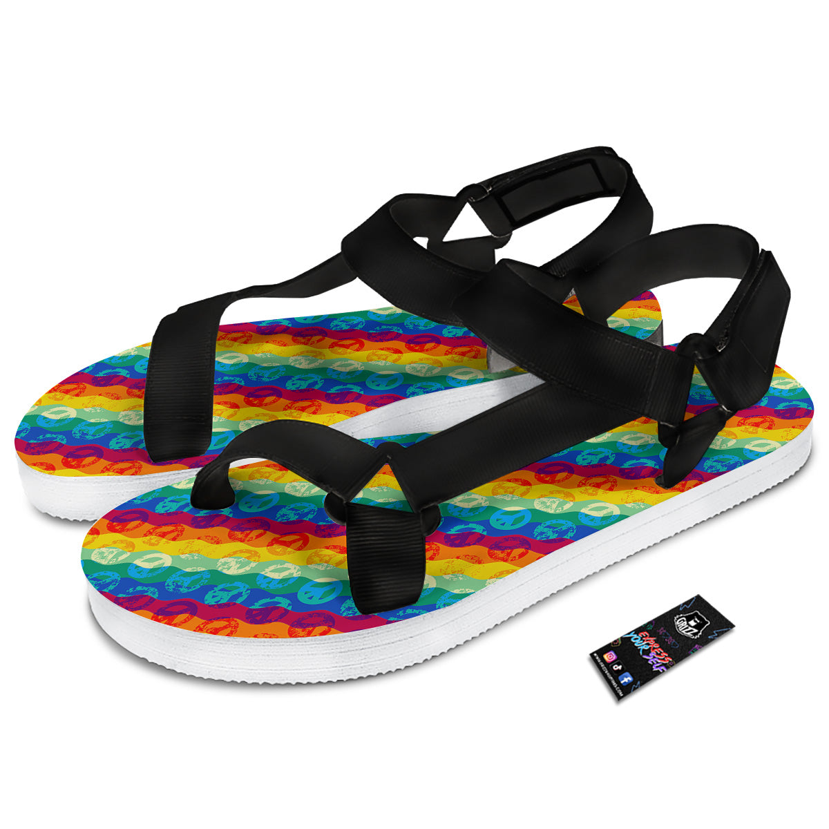 Abstract Rainbow Peace Signs And LGBT Print Pattern Black Open Toe Sandals-grizzshop