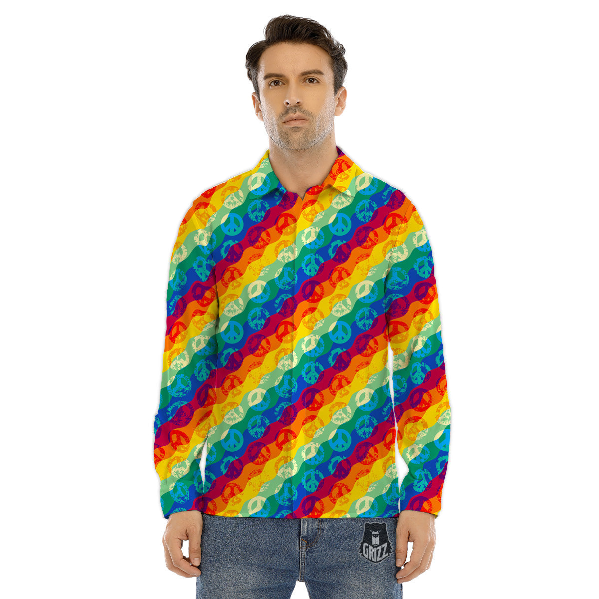 Abstract Rainbow Peace Signs And LGBT Print Pattern Men's Dress Shirts-grizzshop