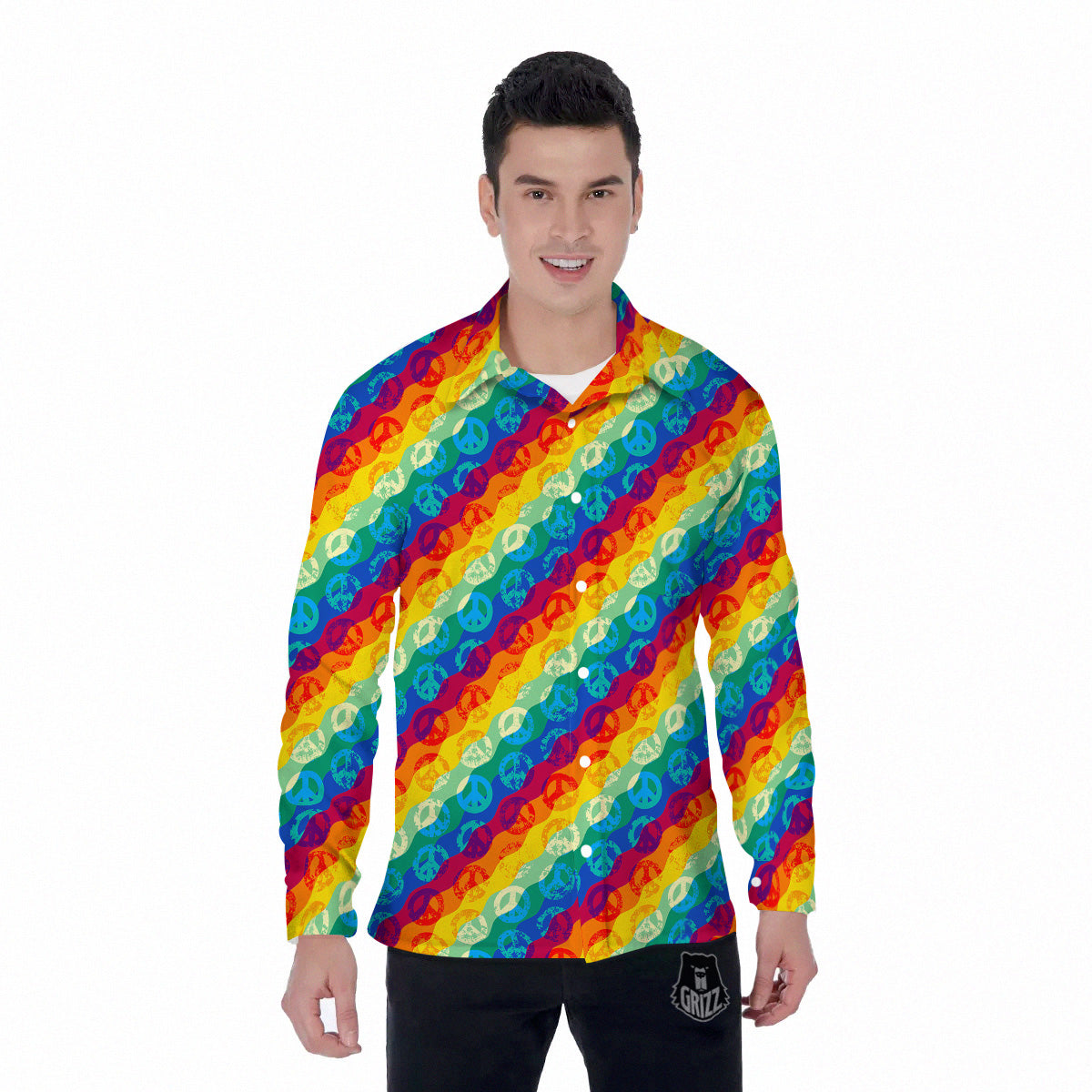 Abstract Rainbow Peace Signs And LGBT Print Pattern Men's Long Sleeve Shirts-grizzshop