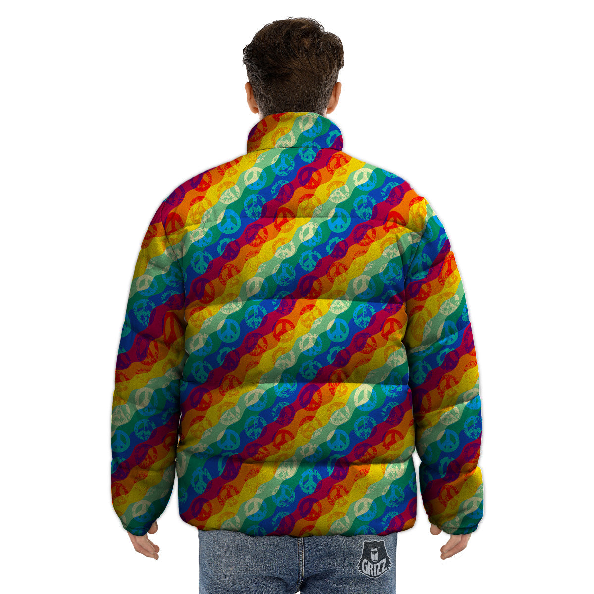 Abstract Rainbow Peace Signs And LGBT Print Pattern Puffer Jacket-grizzshop