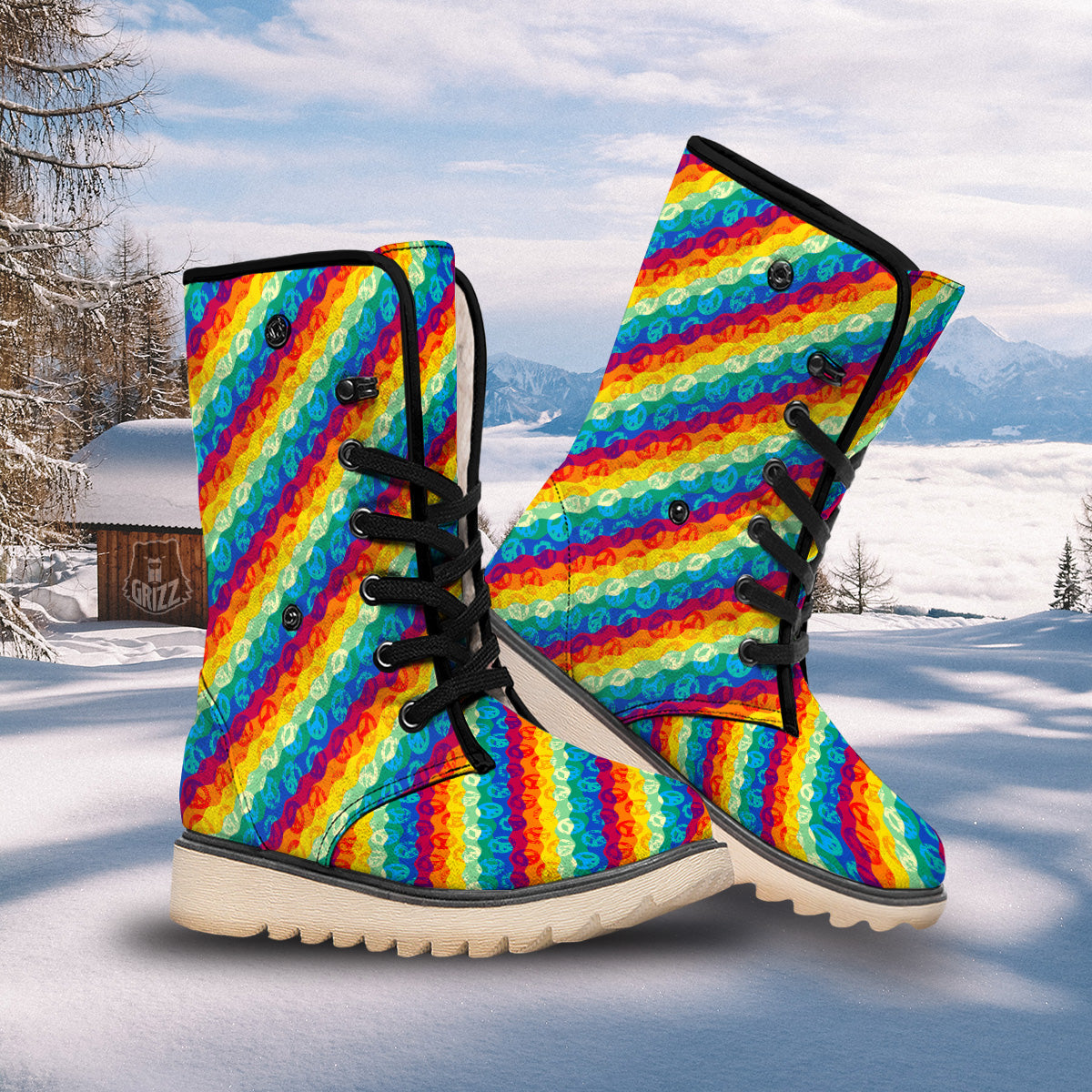 Abstract Rainbow Peace Signs And LGBT Print Pattern Snow Boots-grizzshop