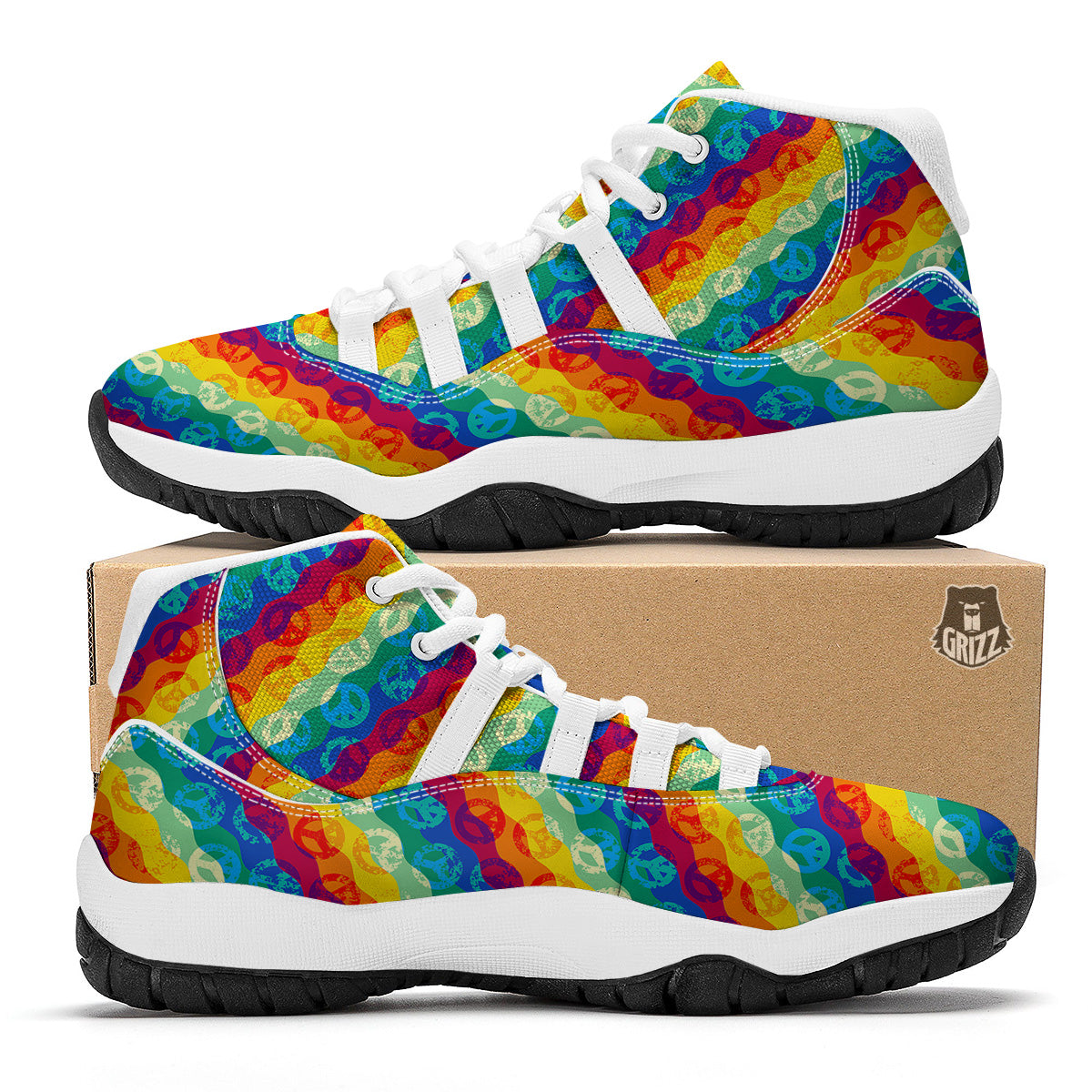 Abstract Rainbow Peace Signs And LGBT Print Pattern White Bball Shoes-grizzshop