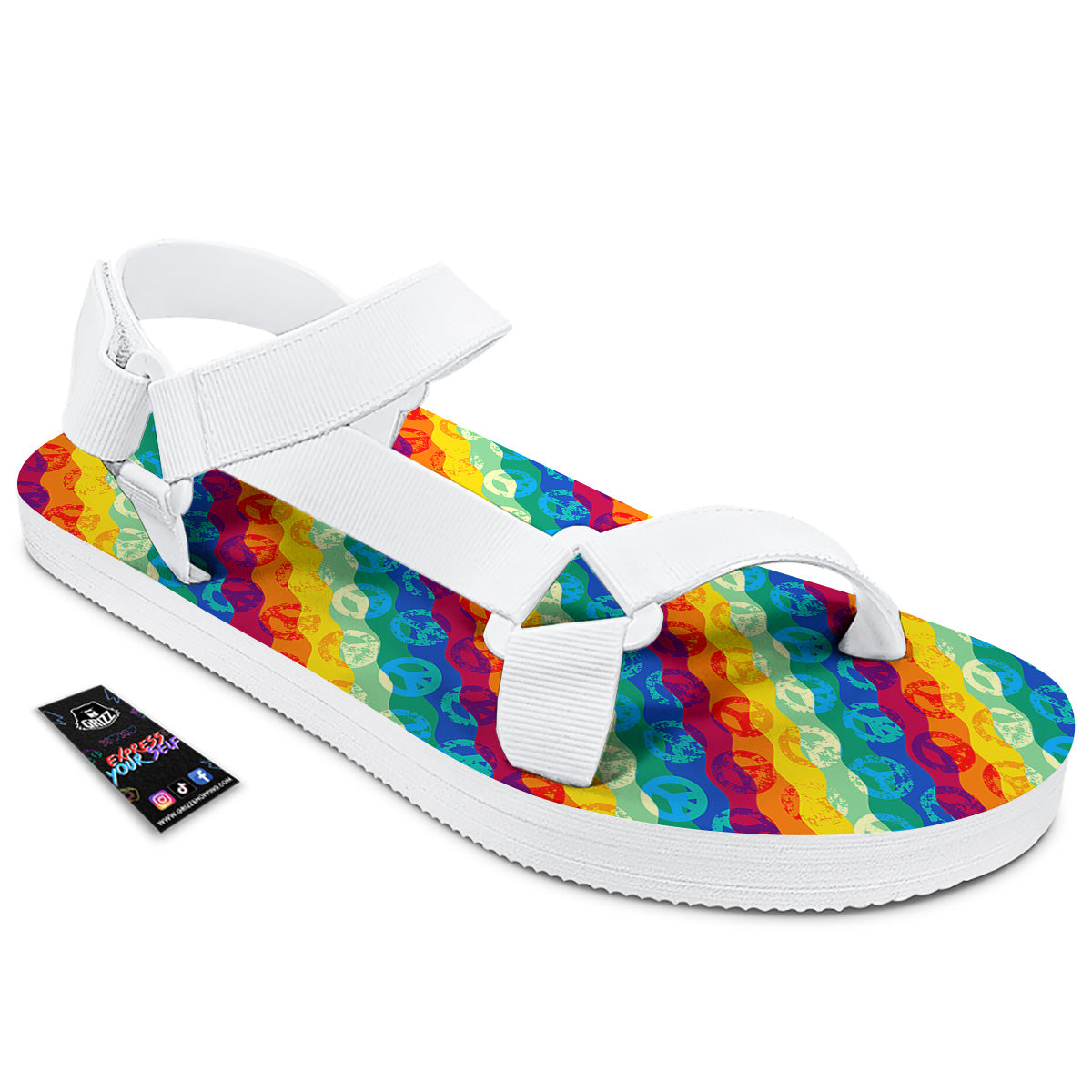 Abstract Rainbow Peace Signs And LGBT Print Pattern White Open Toe Sandals-grizzshop