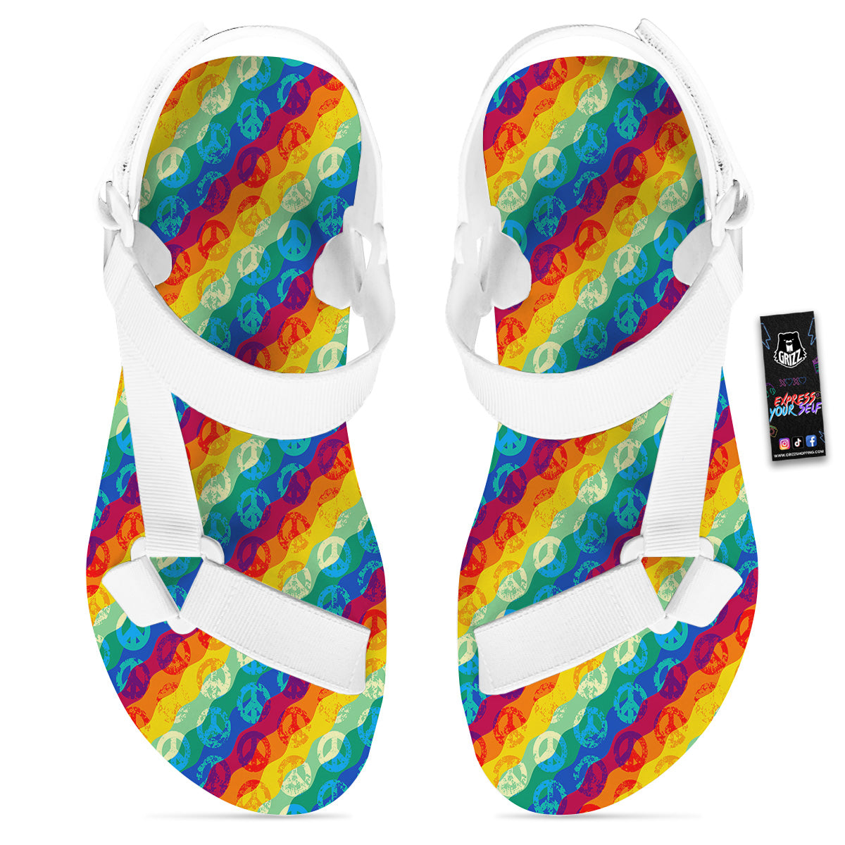 Abstract Rainbow Peace Signs And LGBT Print Pattern White Open Toe Sandals-grizzshop