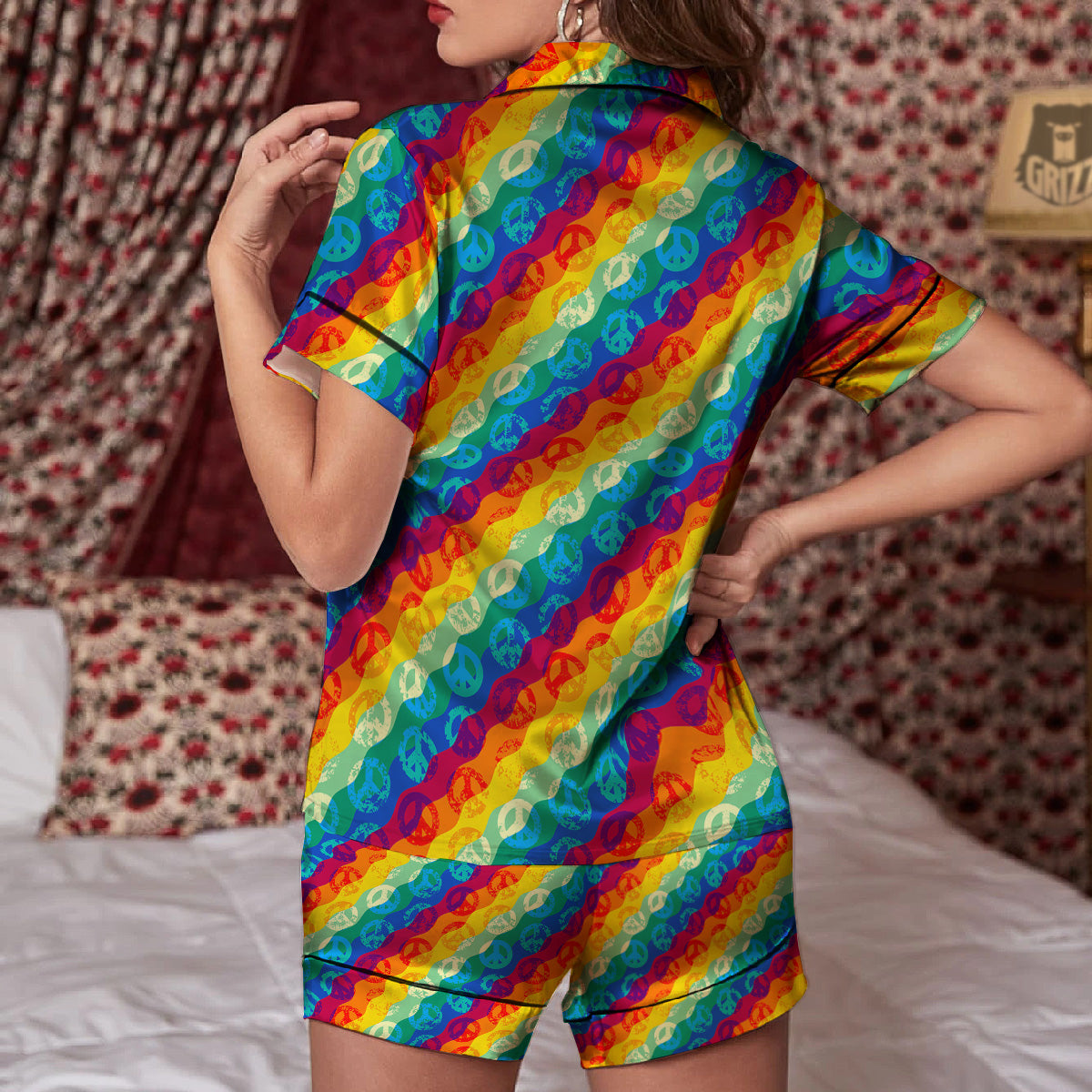 Abstract Rainbow Peace Signs And LGBT Print Pattern Women Silk Pajamas-grizzshop