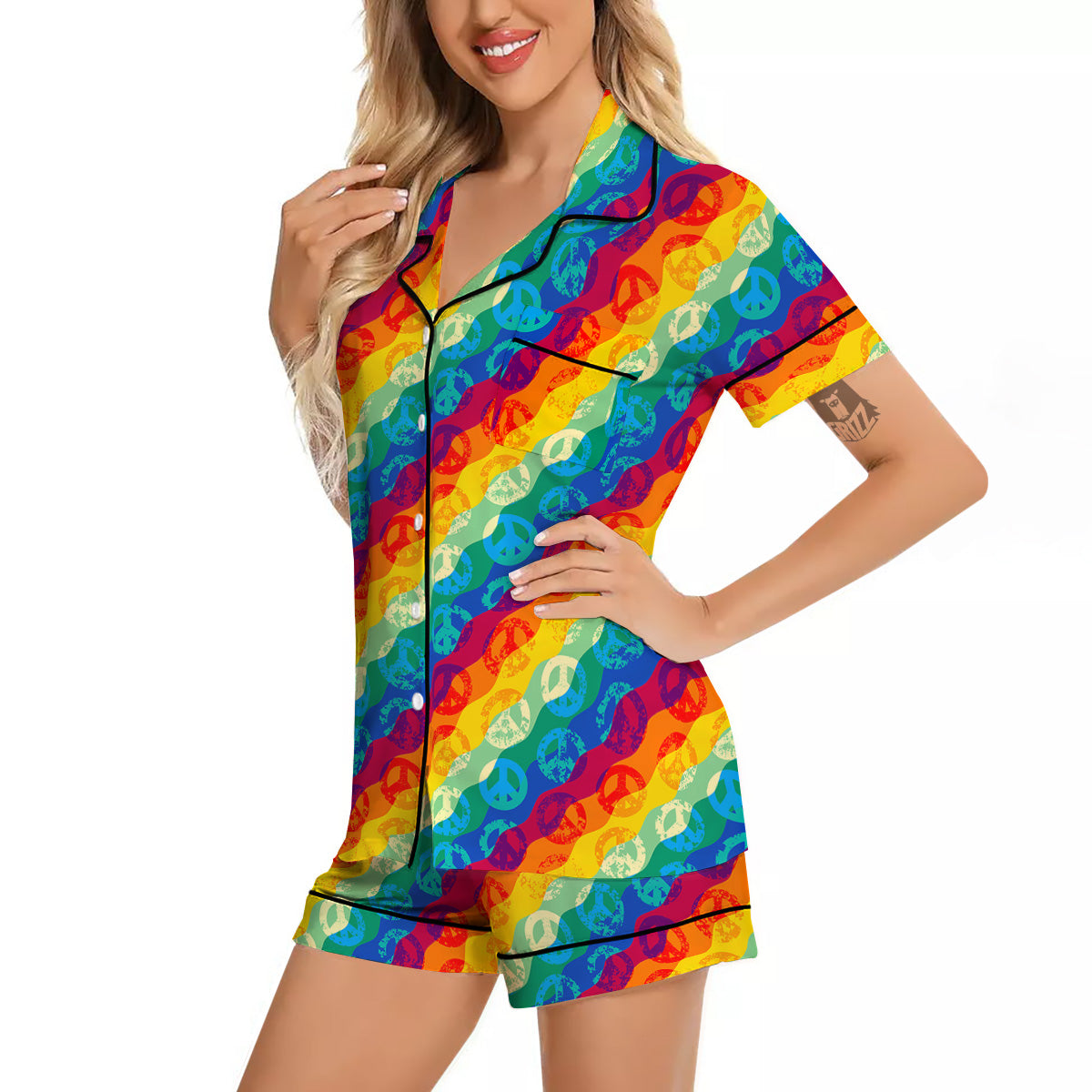 Abstract Rainbow Peace Signs And LGBT Print Pattern Women Silk Pajamas-grizzshop