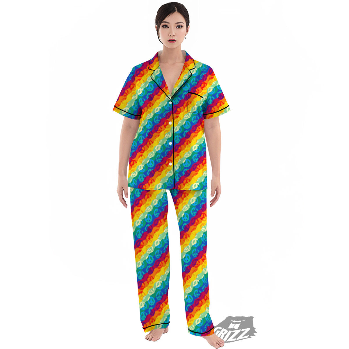 Abstract Rainbow Peace Signs And LGBT Print Pattern Women's Pajamas Set-grizzshop