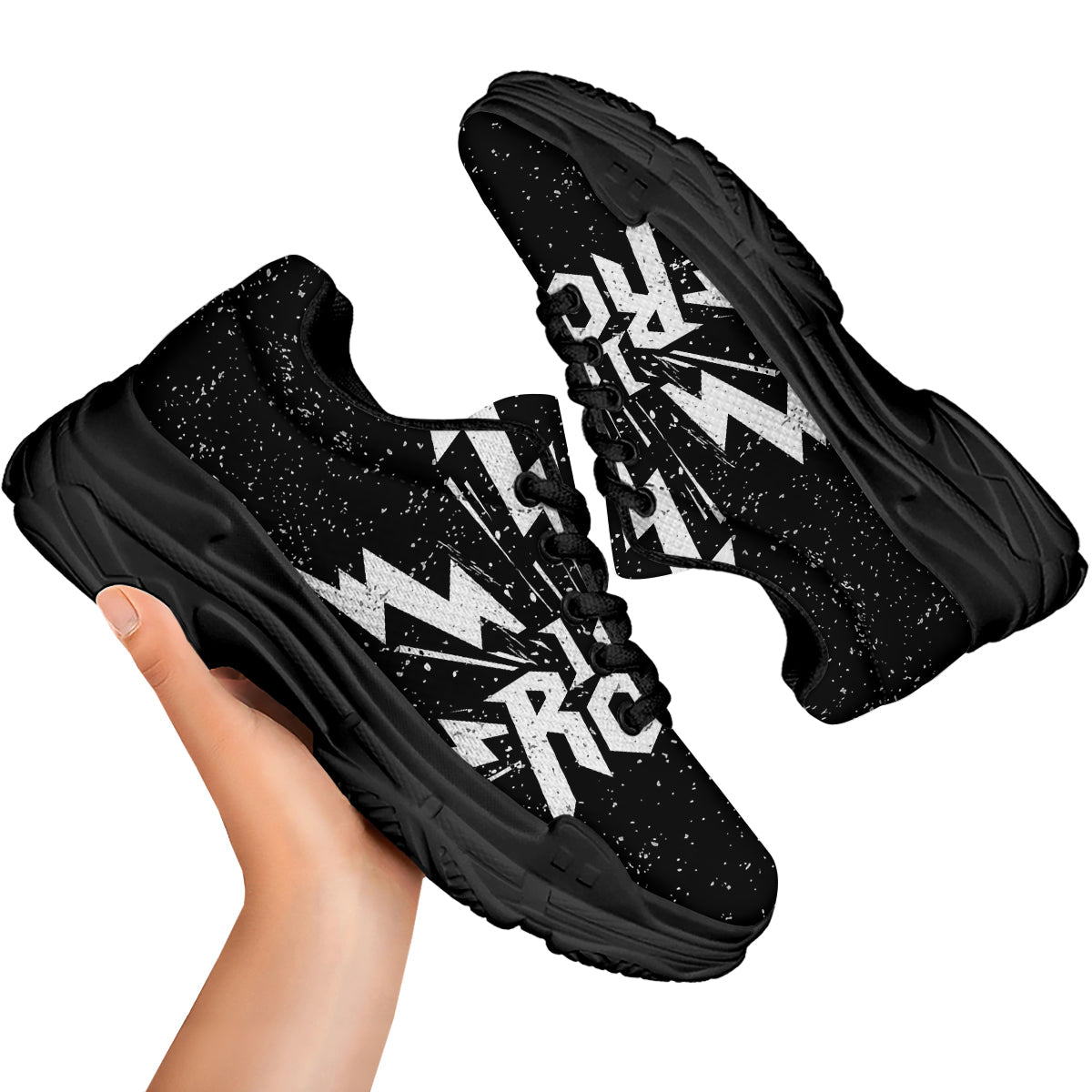 Abstract Rock Grunge Monochrome Print Black Chunky Shoes-grizzshop