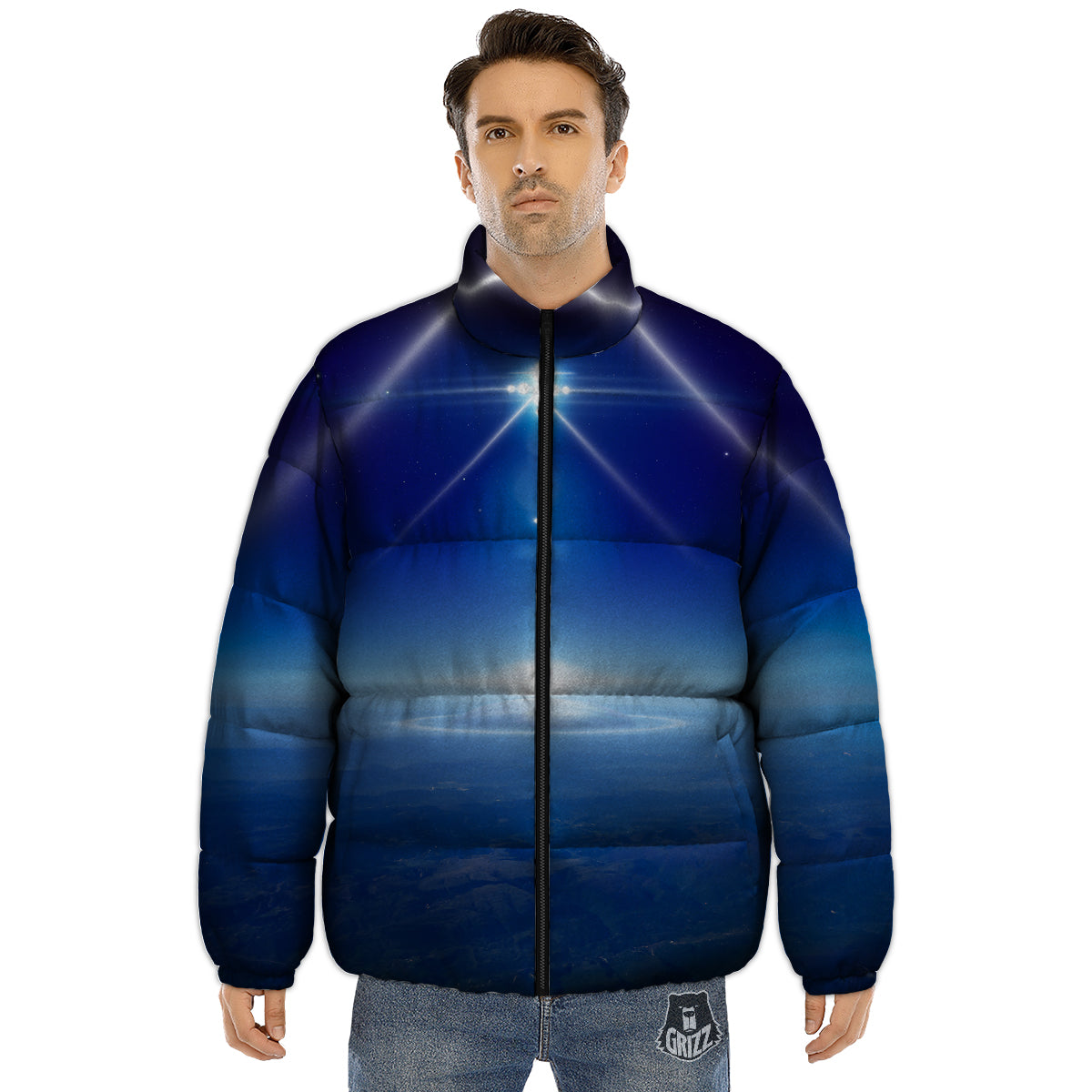 Abstract Sci Fi On Earth Print Puffer Jacket-grizzshop