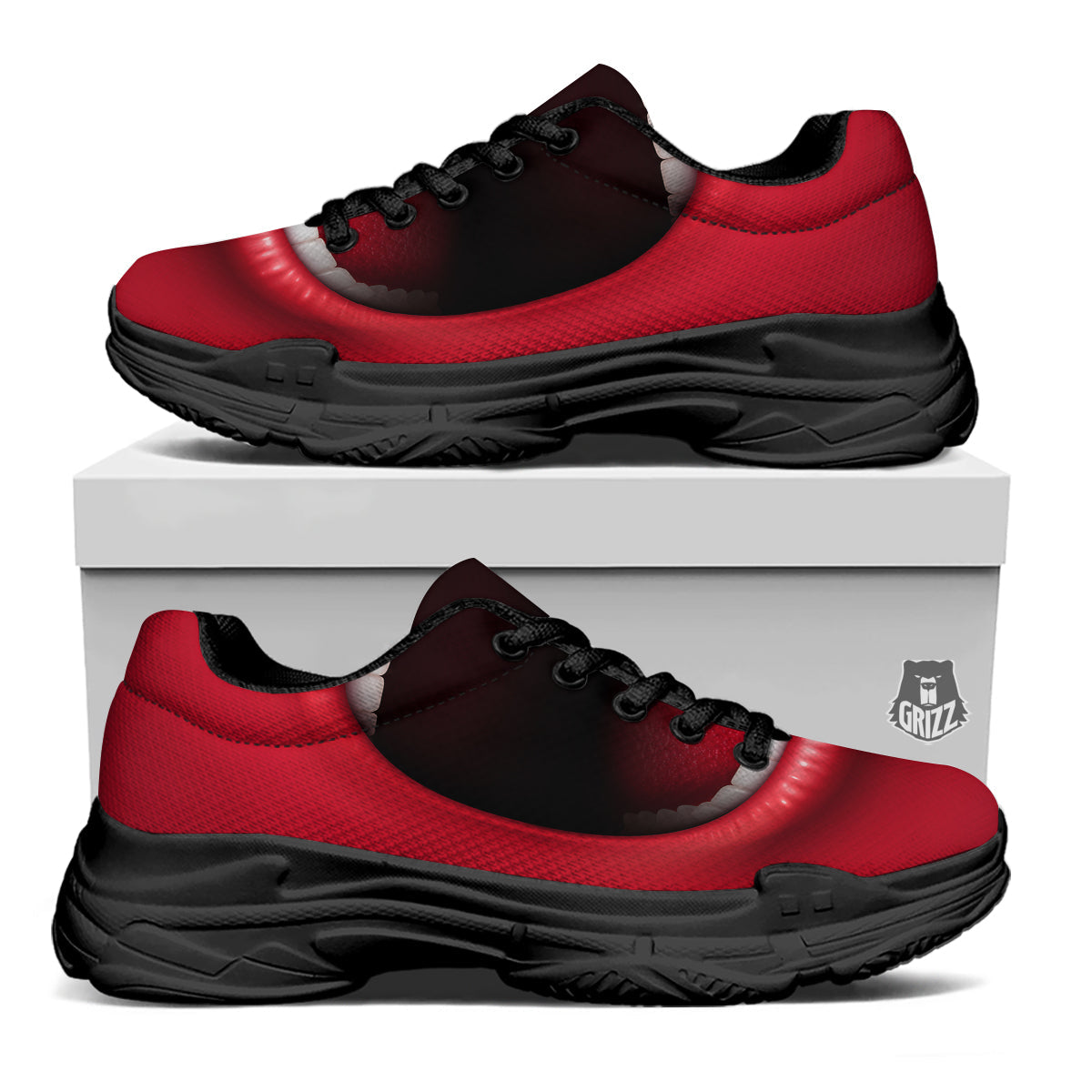 Abstract Scream Red Mouth Print Black Chunky Shoes-grizzshop