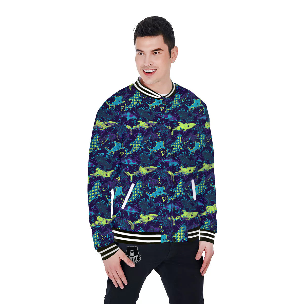 Abstract Shark Print Pattern Baseball Jacket-grizzshop