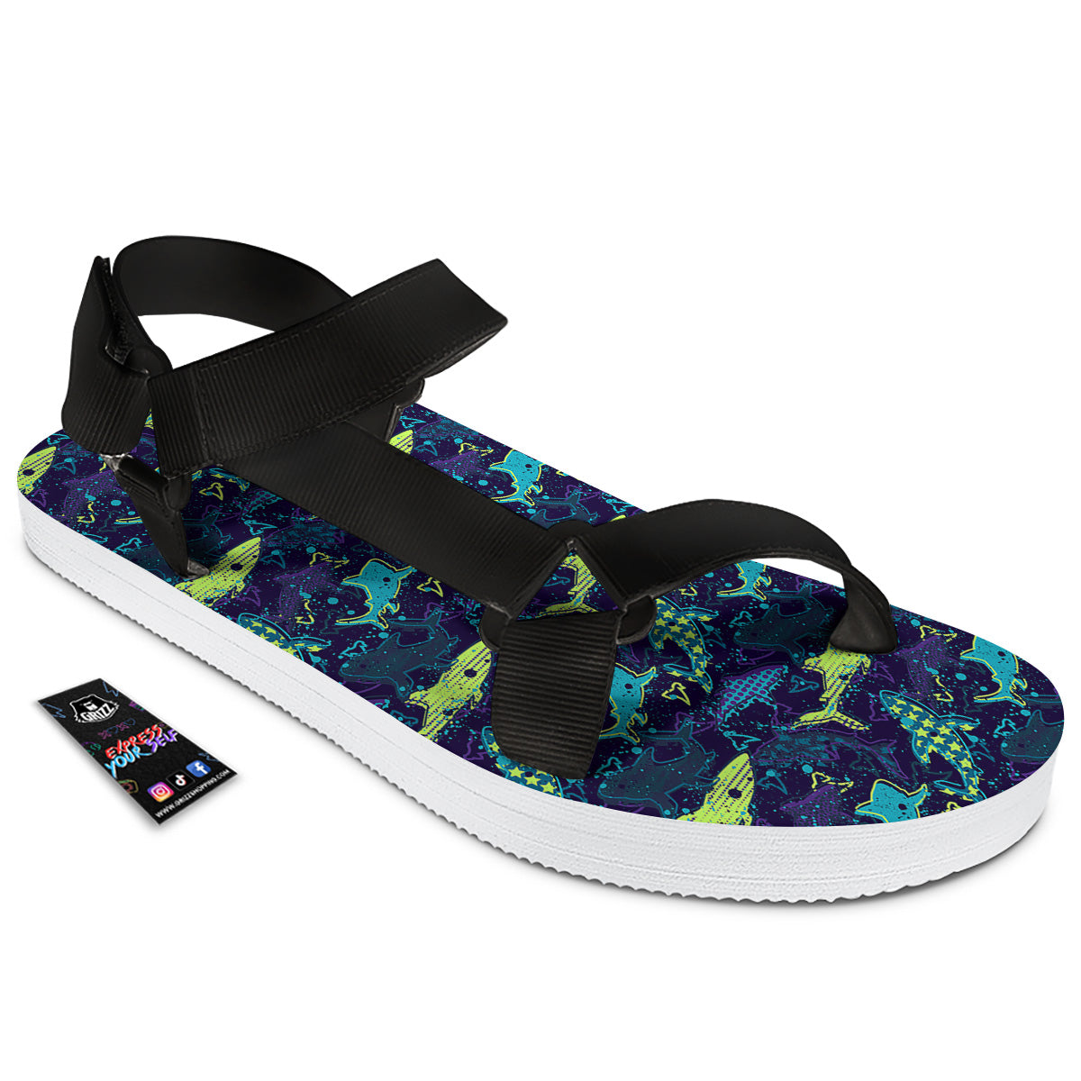 Abstract Shark Print Pattern Black Open Toe Sandals-grizzshop